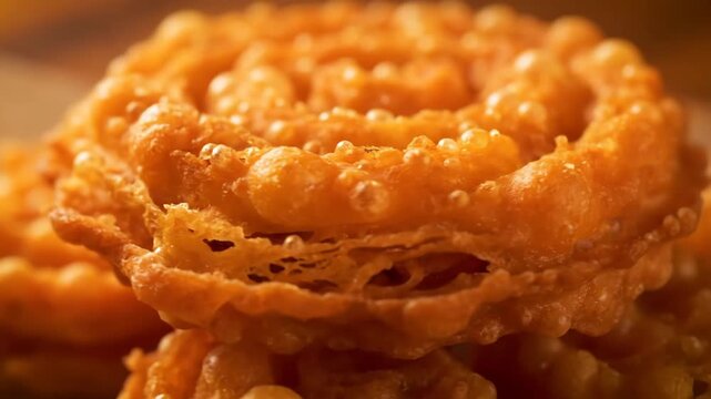 Extreme close-up macro view of a crispy, golden-orange indian jalebi or traditional funnel cake pastry, showcasing deep-fried batter texture, sweet bubbles, and rich details.