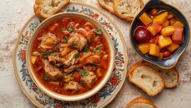 Ceramic plate with Bozbash soup, compote, and bread