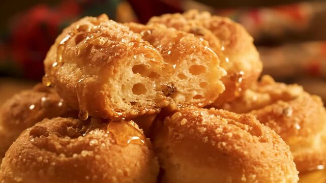 Macro close-up of stacked golden fried dough pastries drizzled with thick honey and coarse sugar. appetizing sweet snack or beignet dessert.
