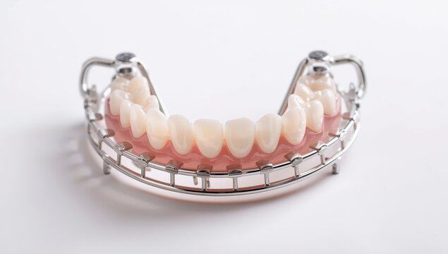 Close-up of a removable partial denture on a white background