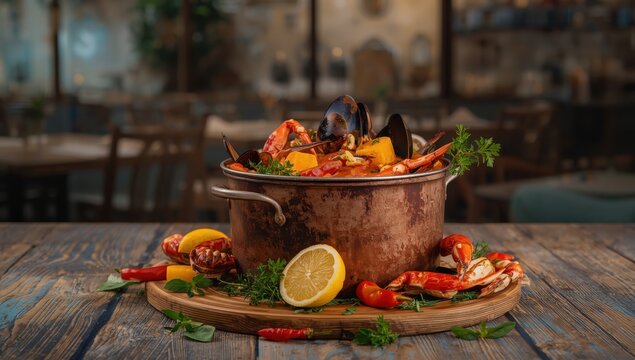 Crab and mussel soup in a metal pot
