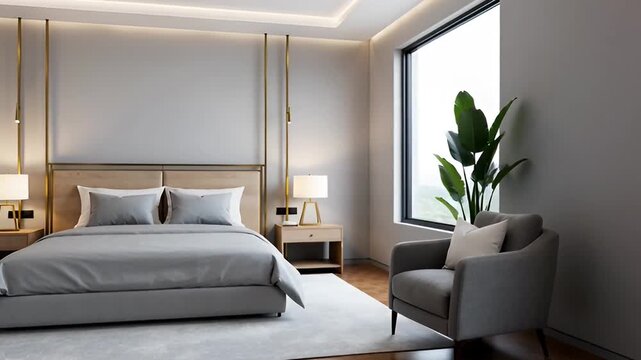 Modern minimalist bedroom interior with gray bed and chair.