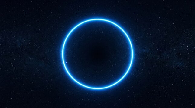 Glowing neon blue circle centered on a solid black background creating a minimalist and futuristic portal or digital loading symbol with a vibrant electric energy and clean geometric abstract frame