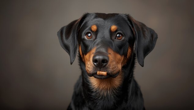 Huntaway dog patiently balancing a treat on its nose