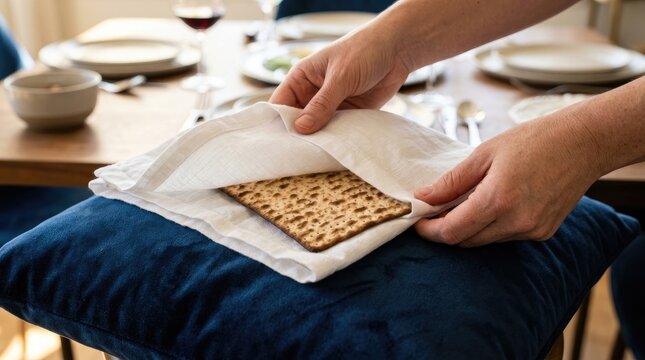 Hands Holding Matzah Bread Wrapped in White Napkin Over a Blue Pillow for Passover Seder
