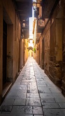 Obraz premium Narrow historic European street view with cobblestone pavement and weathered building facades in sunlight; travel destination for vintage architecture