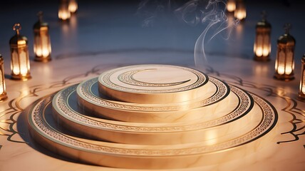 Fototapeta premium Tiered Islamic Podium with Lanterns and Incense Smoke