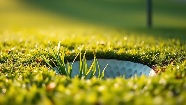 oganesson. Fresh divot mark on golf course turf with upturned grass and morning dew. real-estate listings, architecture portfolios, designed for interior renovation comparisons for interiors.