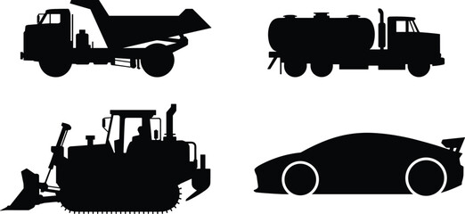 Vehicle silhouette collection including dump truck tanker truck bulldozer and sports car isolated black transport icons representing construction industry transportation and automotive design © Mehadul Expressive