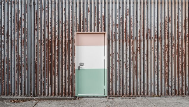 Soft-hued metal door. Textured metal fence backdrop