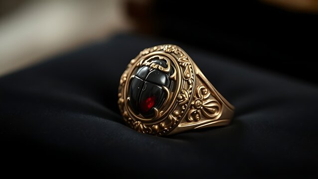 khepri. Ornate scarab beetle gemstone seal ring on black velvet with detailed carving. wildlife magazines, conservation campaigns, designed for eco-tourism storytelling, used by recruiters.