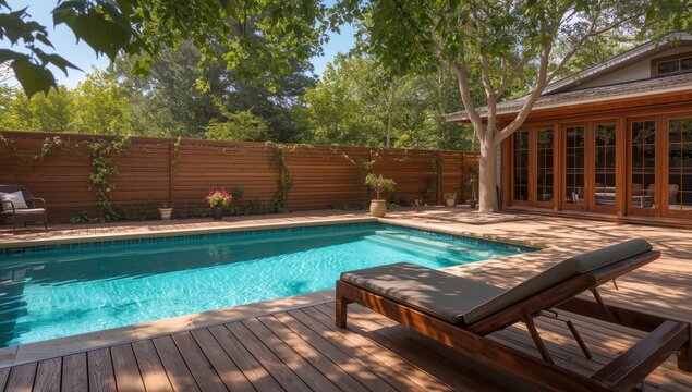 Backyard pool area featuring wooden decking, fencing, and seating
