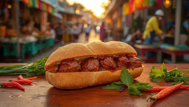 Baguette with grilled meatballs in Cambodian gravy, known as Nom pang Num pang