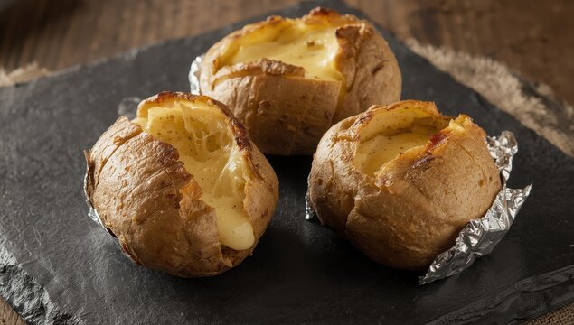 Baked potatoes with provola cheese in foil on a slate dish