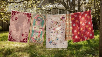 Bath mats drying on an outdoor clothesline