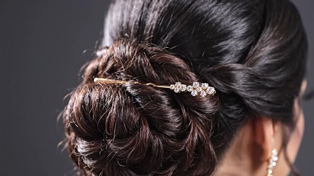 Elegant updo hairstyle adorned with sparkling gold accessory