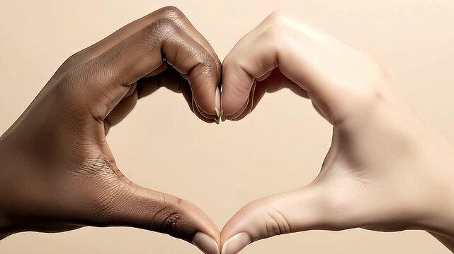 A powerful close-up features two hands, one with a darker skin tone and one lighter, perfectly intertwined to form a heart shape against a minimalist, neutral background. This heartwarming gesture bea