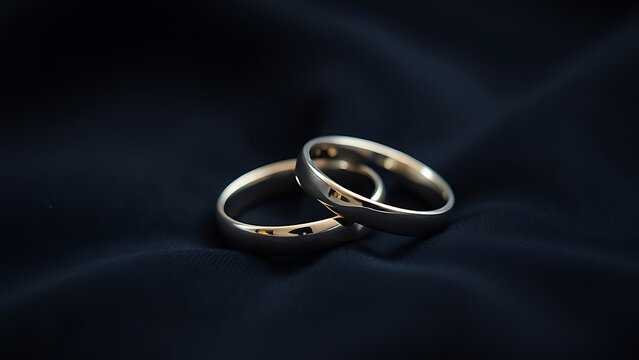 electroluminescence. Two silver wedding bands overlapping on dark velvet fabric. lifestyle magazines, social media lookbooks, designed for lifestyle magazines and social media content.