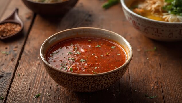 Bowl of classic Thai spicy sauce with shrimp on rustic wooden table