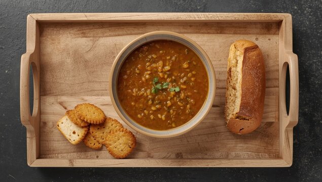 Bowl of lentil soup with crackers on a wooden platter