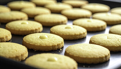 Fototapeta premium Golden butter cookies on a dark baking sheet baked to a perfect even golden brown with a smooth simple design perfect for sweet treats and desserts