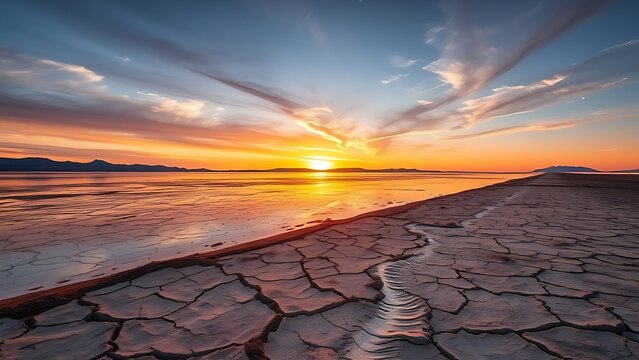 prologue. A receding lake shoreline with exposed cracked dry lakebed under a vast dramatic sunset sky. inspiring travel planning, ESG reports, designed for environmental awareness campaigns.