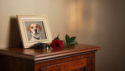 Cabinet in room holds a framed photo of a dog, collar, and rose. Pet memorial