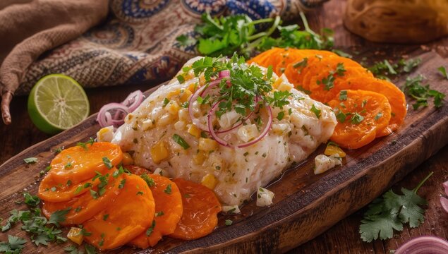 Ceviche with sweet potatoes. Classic Peruvian dish. Ceviche with ample tigra milk
