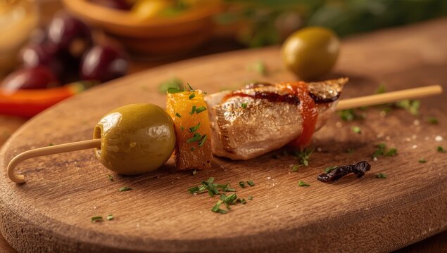 Classic Spanish Gilda skewer featuring olive, anchovy, and pickled pepper