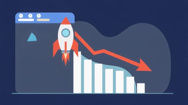 Rocket ship launching from browser window with declining graph