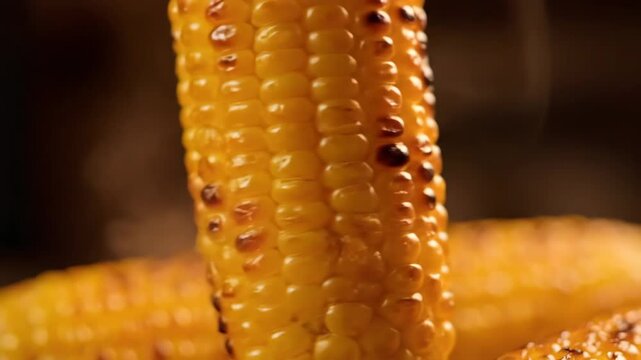 Steaming hot grilled corn on the cob. macro close-up shot of appetizing roasted sweet corn kernels with char marks on a dark background.
