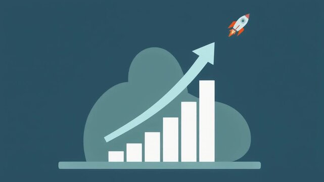 Flat illustration of growing bar chart with rocket launch