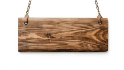 Wooden sign suspended by chain and rope against a white backdrop