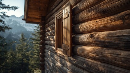 Obraz premium Wooden wall texture outside a mountain cabin with a window shutter edge