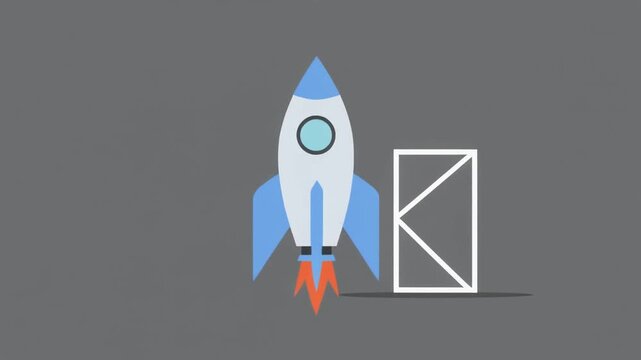 Flat illustration of blue and white rocket launching beside open door