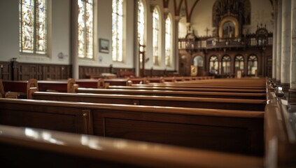 Vacant church benches in a European Protestant church. Broad perspective, natural light, unoccupied
