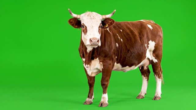 Brown and White Cow Standing Isolated on Green Screen Background