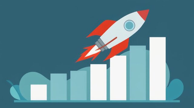 Rocket ship launching over growing business bar chart graph