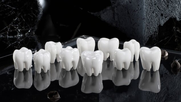 ceramic teeth on shiny black surface, metal-free emax ceramics