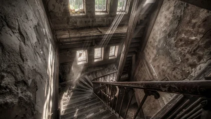 Canvas schilderij Oud Ziekenhuis Beelitz decrepit staircase in Beelitz sanatorium  © LimeSky