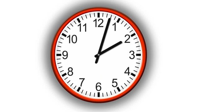 Wall clock with a bold red frame indicates the time is just past two o'clock against a white surface.
