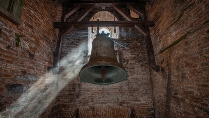 Obraz premium Large rusted church bell suspended in a deserted brick tower. Worn walls, timber supports, and corroded features in the historic belfry of a Lutheran church in Lumivaara, Karelia, Russia