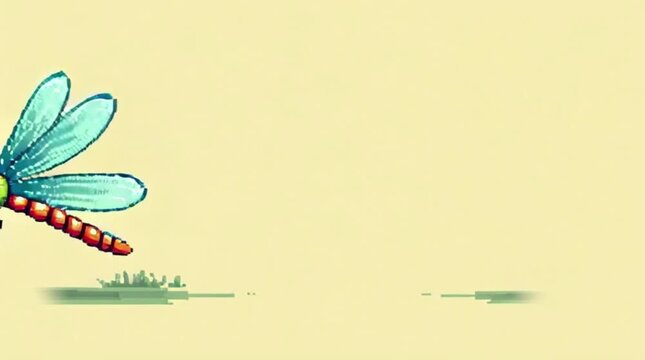 Colorful Dragonfly Pixel Flying Animation Yellow Background.