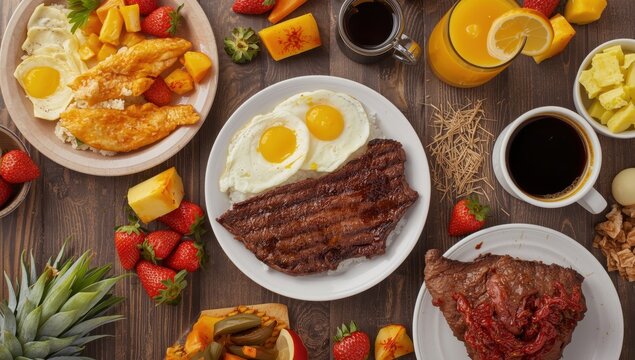 Filipino breakfast spread: fried fish, eggs, rice, beef steak, coffee, fruits, top view