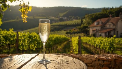 Fototapeta premium Sipping bubbly white wine in the lush hills of Urville, Cote des Bar, France during summer