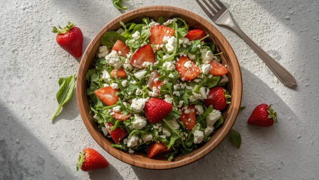 overhead view of salad with strawberries, spinach, arugula, and feta