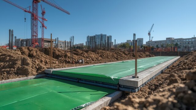 Installation of green radon barrier membrane at construction site for gas and moisture protection. Close-up of under-slab membrane showing joint overlap and steel supports