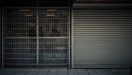 Burglary and vandalism prevention: storefront secured with metal grates and roller shutters