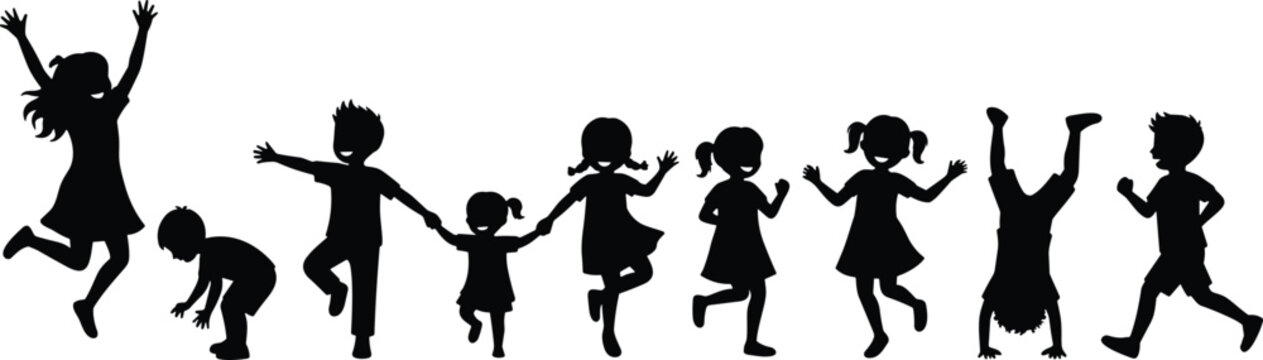Black silhouette of a diverse group of happy children playing jumping dancing and doing handstands in a row representing childhood joy and active play