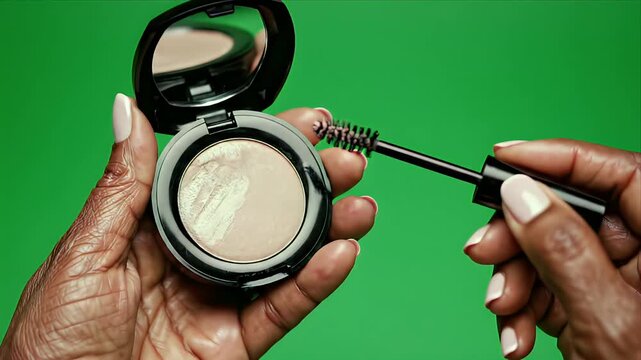 Close-up Macro Shot Of Dark Skin Hands Applying Brow Pomade With Brush on Green Screen Background Isolated for Beauty